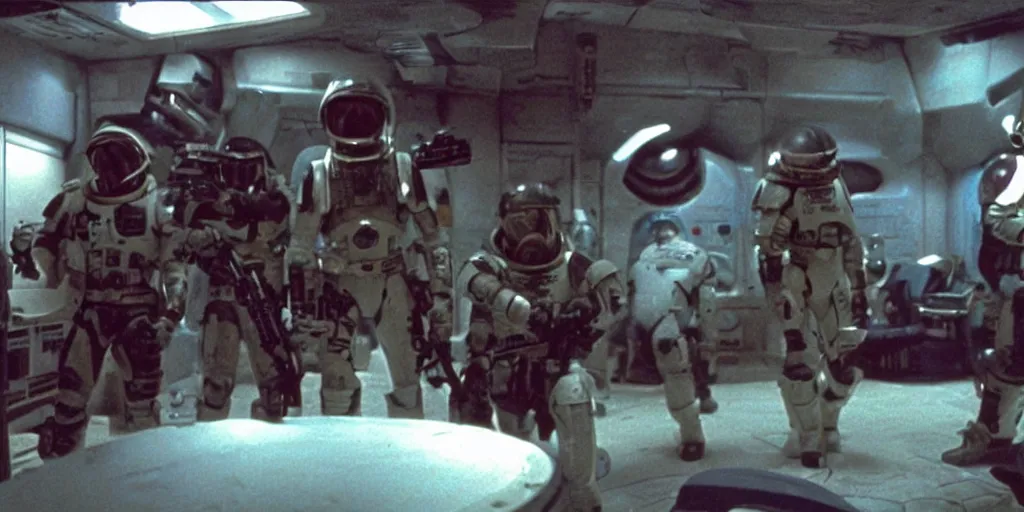 Image similar to color film still, space marines in the settlement facility ; alien 2 ( 1 9 8 6 )