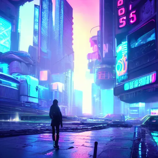 Prompt: « glowing neon lights, sunrise, cyberpunk, alita battle angel, blade runner, rainy, cold, clouds, far view, photorealistic, unreal engine 5, sharp focus »