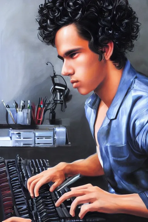 Image similar to painting of a young mexican man with short curly hair sitting at his work desk with an incredibly fancy mechanical keyboard, by artgerm and yoshitaka amano, trending on artstation