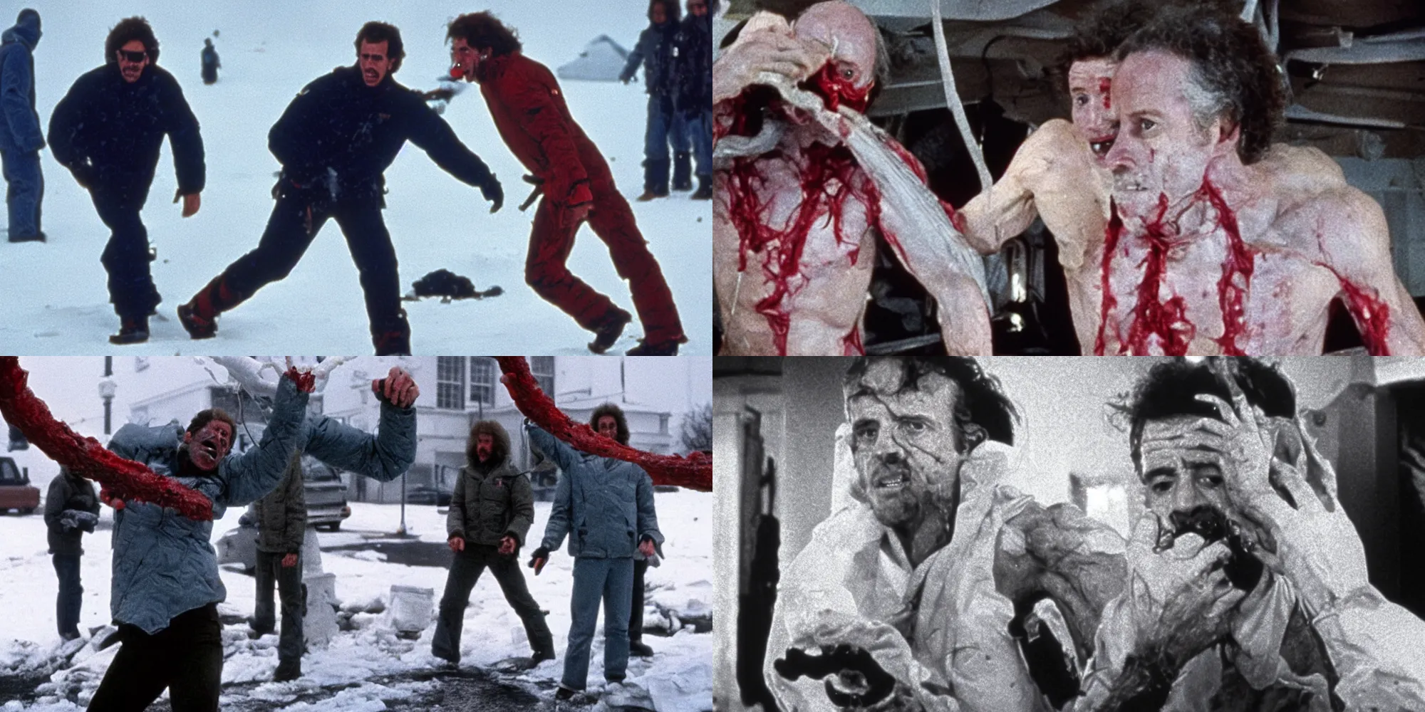 Prompt: hunter biden body horror in the thing ( 1 9 8 2 ) directed by john carpenter, limb mutations, swollen veins, red flesh strings, antarctica, snow, flamethrower, cinestill 8 0 0 t, 1 9 8 0 s movie still, film grain