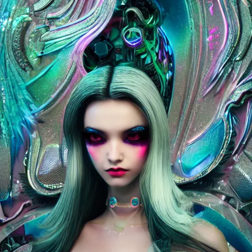 Prompt: Ethereal, mysterious stunning maximalist mesmerizing cyberpunk girl named Claire Boucher from the rainbow sky paradise, high-tech, professional high fashion model photo shoot, hyperdetailed by Mark Ryden and artgerm and Hiroyuki-Mitsume Takahashi, close-up 35mm macro shot, hyperrealism, 8k resolution 3D, cinematic, dynamic lighting, octane render, unreal engine 5