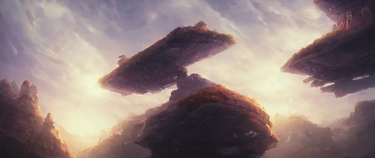 Image similar to floating islands in sky, concept art, low angle, cinematic, style of jordan grimmer