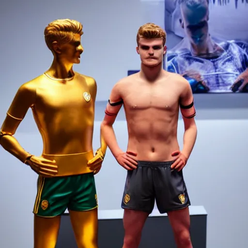 Prompt: a realistic detailed photo of a guy who is an attractive humanoid who is half robot and half humanoid, who is a male android, soccer players martin ødegaard & timo werner, shiny skin, posing like a statue, blank stare, in a museum, on display, showing off his muscles, gold soccer shorts, no jersey, ground view, ceramic statue