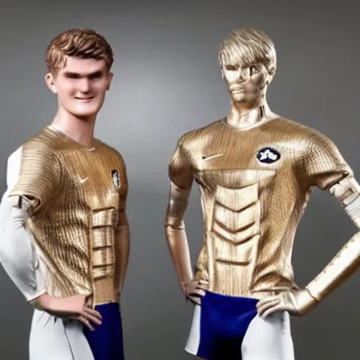 Image similar to a realistic detailed photo of a guy who is an attractive humanoid who is half robot and half humanoid, who is a male android, soccer players martin ødegaard & timo werner, shiny skin, posing like a statue, blank stare, in a lab, on display, showing off his muscles, gold soccer shorts, no jersey, statue, many copies of them