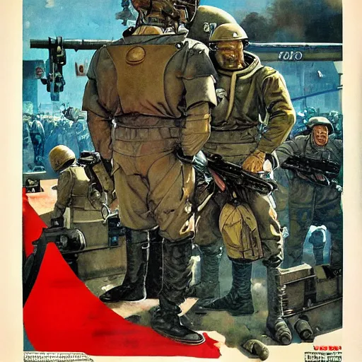 Image similar to Soviet mechs in the style of Norman Rockwell, world war 2, WWII, propaganda poster, sci-fi illustrations, highly detailed, award-winning, patriotic, soviet, ussr, dark, gritty, ink