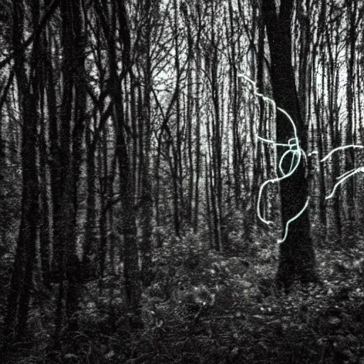 Image similar to grainy trail cam photo still of an alien in the woods at night hiding in the trees of a forest