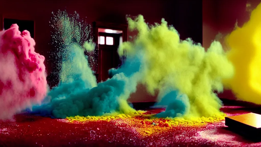 Image similar to colored powder explosion in the living room, film still from the movie directed by Denis Villeneuve with art direction by Salvador Dalí, wide lens