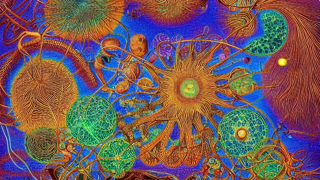 Image similar to quantum connections represented as symbiotic organisms like cells playing around with colorful lights by ernst haeckel, smooth, sharp, realistic