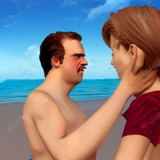 Image similar to Friedrich Nietzsche flirting with a girl at the beach, photorealistic, detailed and realistic faces, 8k,