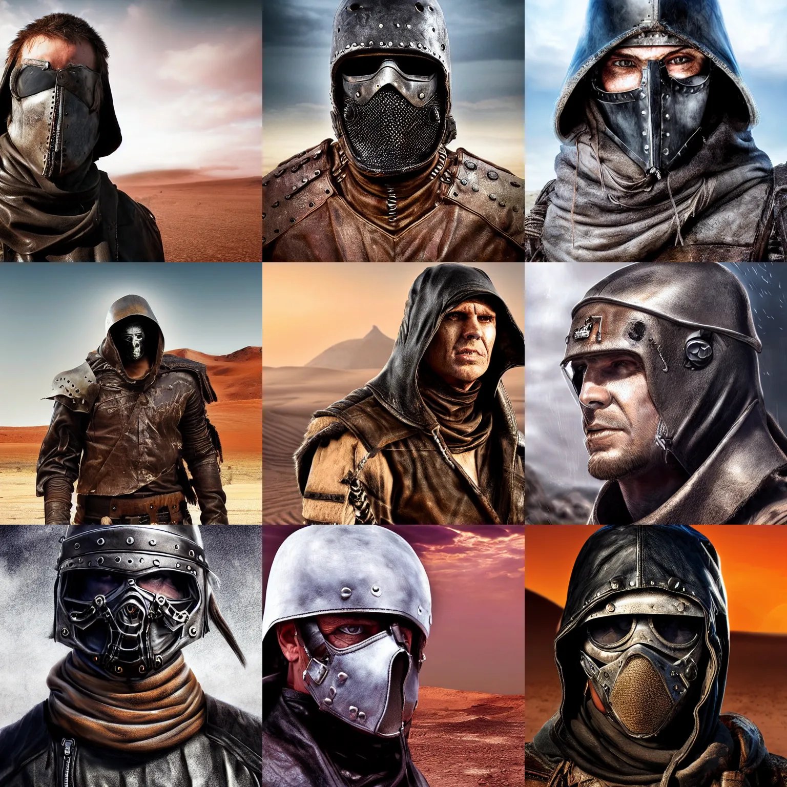 Prompt: raider wearing a leather duster in the middle of a desert, face covered by a hood, Mad Max, stunning portrait headshot, award-winning scifi digital art