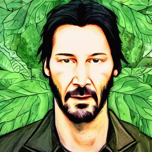 Prompt: a portrait of keanu reaves face as green leaves