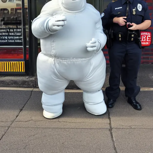 Prompt: the michelin man is standing in front of an applebee's restaurant. he has his hands behind his back in handcuffs. a police officer stands nearby holding a gun. the sun is going down. there is blood on the ground. ultra realistic, highly detailed, photography, vivid