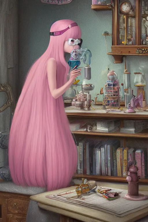 Image similar to highly detailed, profile portrait of a extremely beautiful, young adult, princess bubblegum from adventure time, experimenting in her castle lab, wearing lab coat & saftey goggles, long bubblegum hair with long straight bangs, illustration concept art by nicoletta ceccoli, mark ryden, lostfish, detailed and intricate environment, 8 k resolution, hyperrealistic, octane render