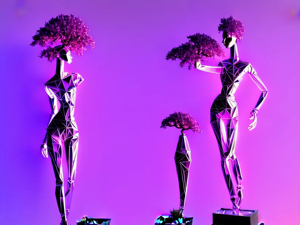 Image similar to beautiful mannequin sculpted out of amethyst by billelis + lit with purple 3 d geometric neon + chrome geometric cubed bonsai plants!!!!, doorway opening with neon pink geometric light, clean linework, dramatic, finely detailed, rule of thirds, moody, confident, award winning, 4 k, trending on artstation, photorealistic, volumetric lighting, octane render