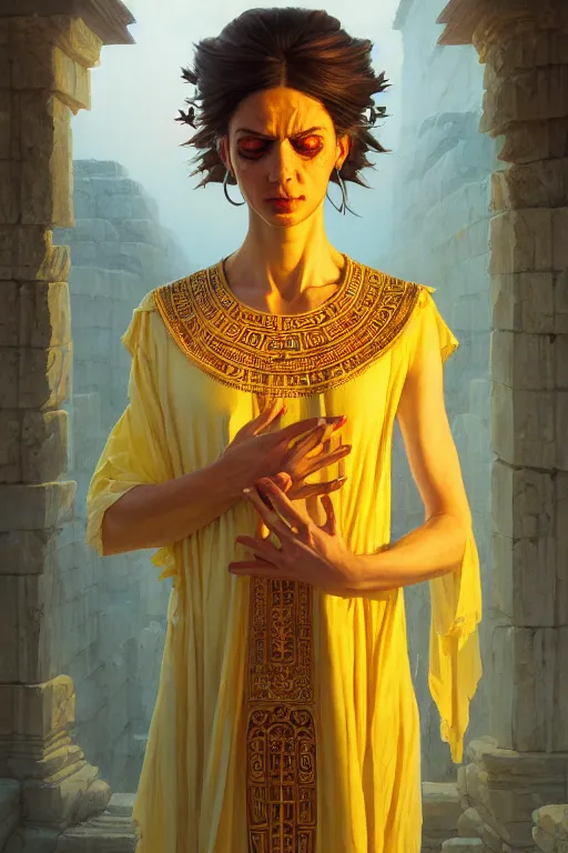 Image similar to high detail portrait of a possessed woman wearing an ancient greek tunic made of yellow paper, stephen bliss, fantasy art by greg rutkowski, rhads, ferdinand knab, makoto shinkai and lois van baarle, ilya kuvshinov, rossdraws, tom bagshaw, global illumination, radiant light, ancient greek temple ruins, green blue color theme