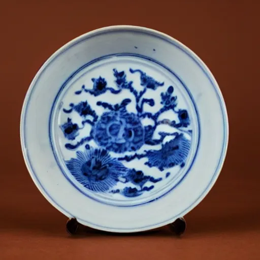 Prompt: photograph of kangxi blue and white porcelain