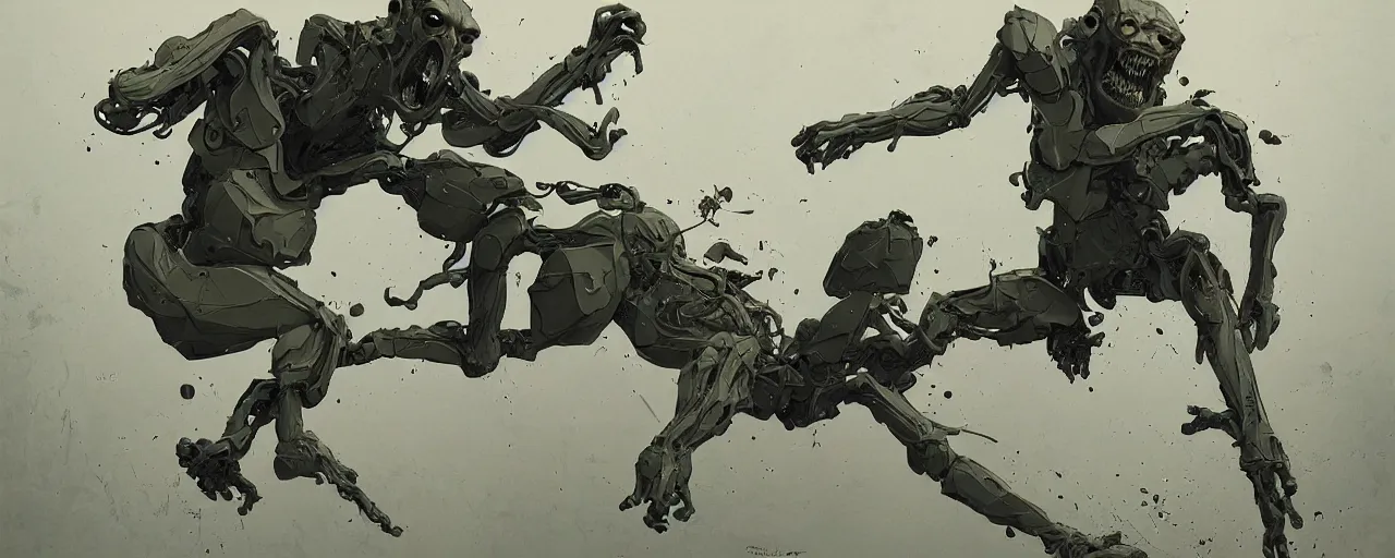 Prompt: duotone olive green grey illustration 3 / 4 portrait of gollum doing kunfu air kicks and fighting with boston dynamics robots. dynamic chaotic composition accidental renaissance golden ratio. by sachin teng and sergey kolesov and ruan jia and heng z. graffiti art, scifi, fantasy, hyper detailed. octane render. concept art. trending on artstation