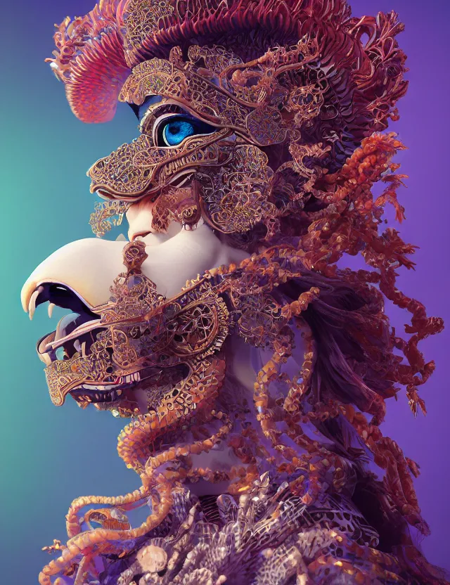 Image similar to 3 d goddess in robe close - up profile portrait with ram skull. beautiful intricately detailed japanese crow kitsune mask and clasical japanese kimono. betta fish, jellyfish phoenix, bio luminescent, plasma, ice, water, wind, creature, artwork by tooth wu and wlop and beeple and greg rutkowski