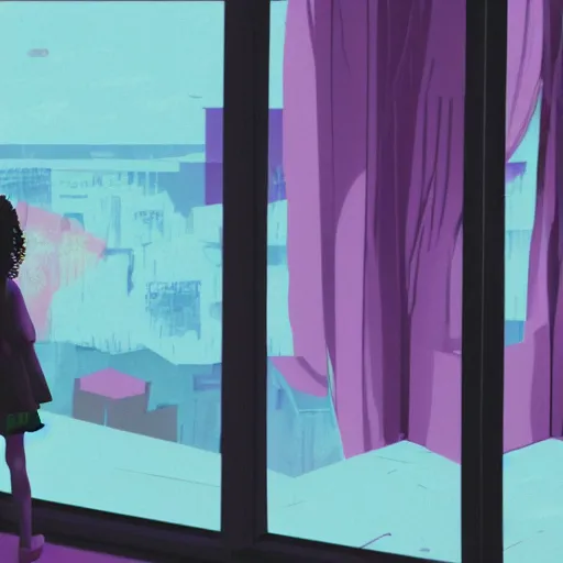 Prompt: girl looking out a window in a room full of garbage, highly detailed, vaporwave aesthetic