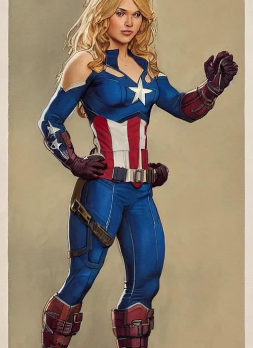 Image similar to toned young april with a mischievous face and extremely long blonde wavy hair dressed as superhero in her early 2 0 s, posing with hands behind back, captain america, tight fit, intricate detailed face, artgerm, greg rutkowski, alphonse mucha