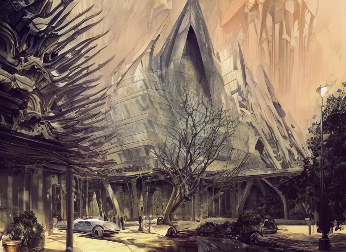 Image similar to mercedes exhibition center exterior designed by antoni gaudi, and concept art by greg rutkowski