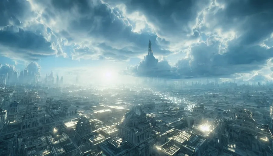 Image similar to Angelic Floating City in the Clouds, Hyperrealistic, Intricate Details, Raytracing, Volumetric Lighting, Lightshafts, Blue and White Color Palette, Unreal Engine 5, Photorealism