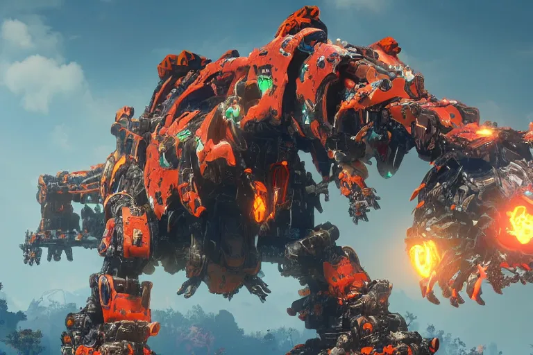 Image similar to fireclaw machine mecha animal beast robot of horizon forbidden west horizon zero dawn bioluminiscence global illumination ray tracing hdr fanart arstation by sung choi and eric pfeiffer and gabriel garza and casper konefal