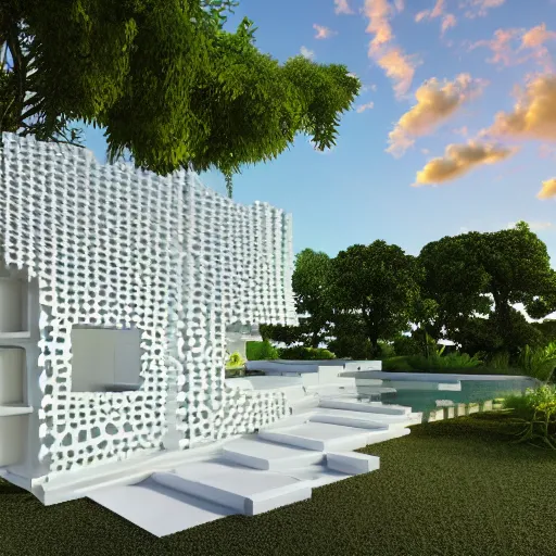 Image similar to evolving fractal, flowing white architectural Villa, futuristic 3D vorono pattern, clay, perforated, lush botanical trees, prairie landscaping, sunrise ,illuminated pool, fluffy clouds