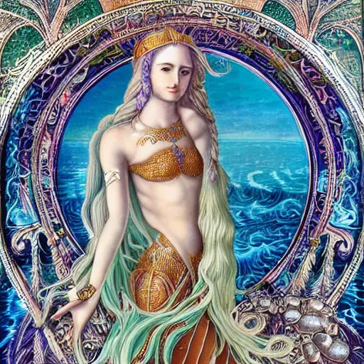 Prompt: intricate details, hyper detailed, mystic alchemical occult art, sumerian goddess inanna ishtar, ashteroth, techno mystic goddess princess intergalactica, with aqua neon rapunzel dreadlocks, detailed, wearing seashell attire, crystal pathway on the sea to atlantis, by sandro botticelli