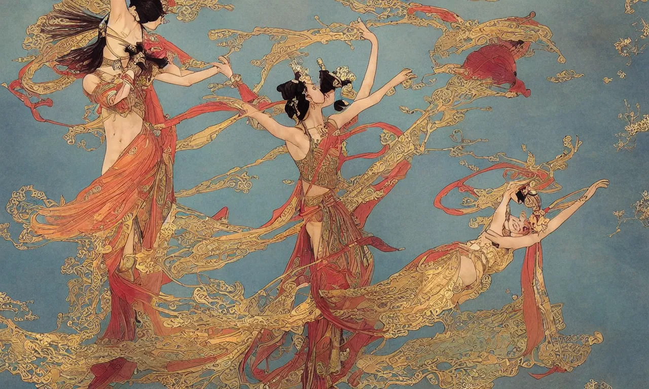 Prompt: a chinese princess dance in aerial, fairy, han dynasty, dunhuang style, mythology, ornate, silk, streamer, spinning in the sky, by stanley artgerm lau, greg rutkowski, victo ngai, alphonse mucha, loish, norman rockwell