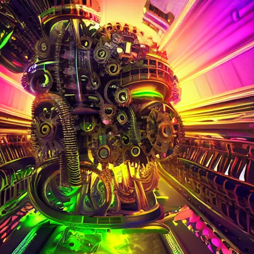 Prompt: album art, album is called tripmachine, tripmachine, photo of a huge futuristic steampunk machinery with gears and belts, many tubes and cables, 8 k, fluorescent colors, halluzinogenic, multicolored, exaggerated detailed, front shot, 3 d render, octane