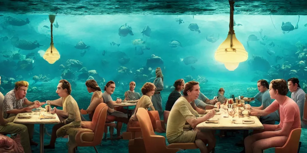 Prompt: a very high resolution image from a new movie, inside the restaurant under the sea, front view, upside - down, shining, photorealistic, photography, directed by wes anderson