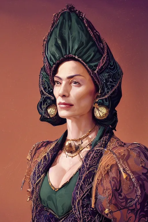 Image similar to portrait, headshot, digital painting, of a 17th century, beautiful, middle aged, middle eastern, wrinkles, decadent, cyborg noble woman, dark hair, amber jewels, baroque, ornate dark green opulent clothing, scifi, futuristic, realistic, hyperdetailed, concept art, dramatic backlighting, golden hour, cinestill, art by syd mead