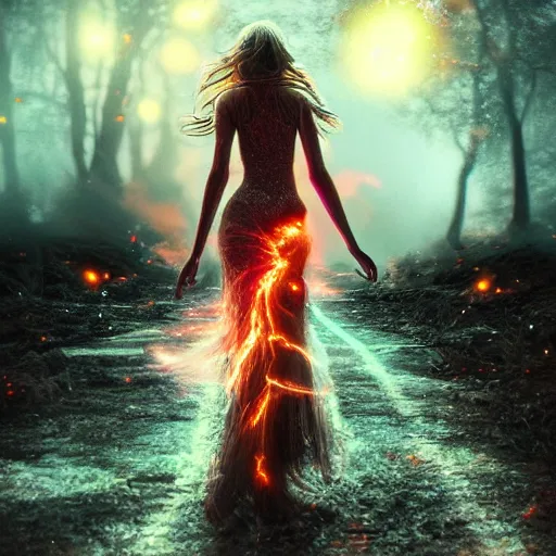 Image similar to Photorealistic magic goddess walking away from an explosion. Hyperdetailed photorealism, 108 megapixels, amazing depth, glowing rich colors, powerful imagery, psychedelic Overtones, 3D finalrender, 3d shading, cinematic lighting, artstation concept art