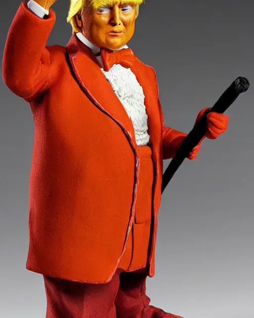 Image similar to maquette sculpture of donald trump as willy wonka, he is wearing a victorian era purple jacket and pants, and a velvet purple top hat over his long orange hair. he is holding a candy cane colored cane. his skin is an orange color like an oompa loompa. in the style of sideshow collectibles, highly detailed sculpture