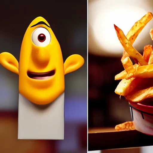 Image similar to photo of [ a single salted french fry chip ] shaped like that looks like stephen fry as a pixar character hybrid intercross mix cinematic lighting