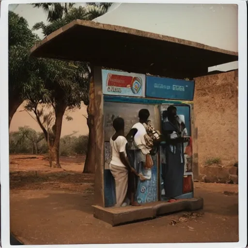 Image similar to old polaroids of futuristic african bus stops with informal sellers and digital screens, women selling fruit