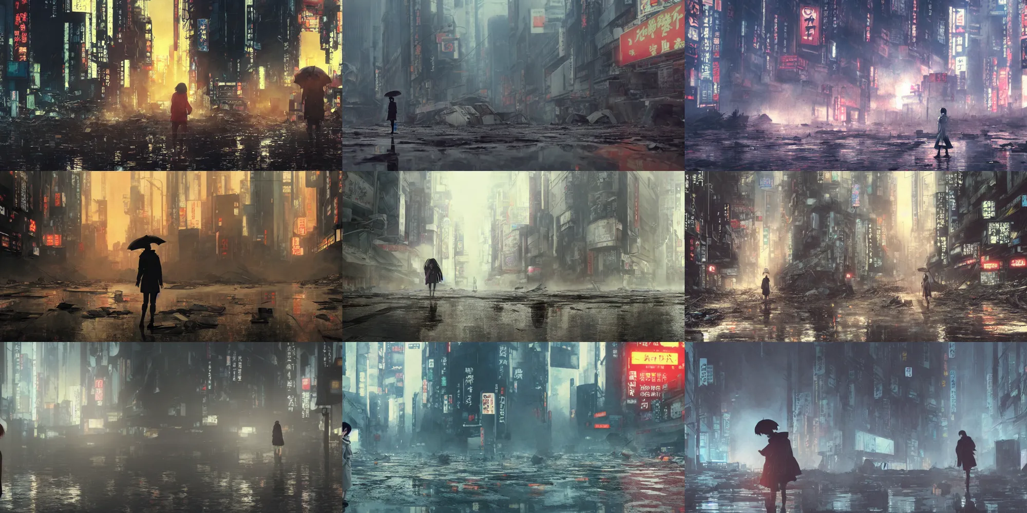 Prompt: incredible wide screenshot, ultrawide, simple water color, paper texture, katsuhiro otomo ghost in the shell movie scene, backlit action shot girl in parka, wet dark road, parasol in deserted junk pile shinjuku,, earthquake destruction, reflection, thick fog, smoke, destroyed robots, blazing fire, burning bus inferno