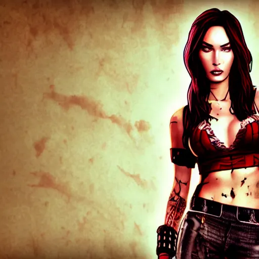 Image similar to megan fox portrait, borderlands, tales from the borderlands, the wolf among us, comic, cinematic lighting, studio quality, 8 k