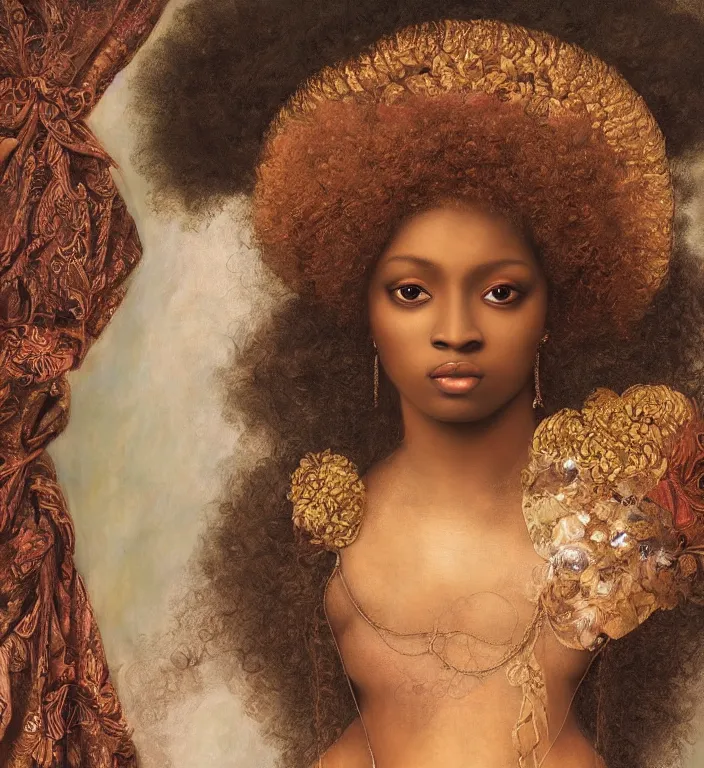 Prompt: a breathtakingly stunningly beautifully highly detailed portrait of a afro queen, ornately framed, by rosetti and devinci and michael cheval and sidney cooper and turner, 4 k