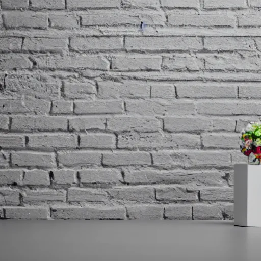 Image similar to an ultra high definition professional studio photograph, 5 0 mm f 1. 4 iso 1 0 0. the photo is set in a plain empty white studio room with a plain white plinth centrally located. the photo depicts a brick on the plinth in the centre of the photograph. three point light.