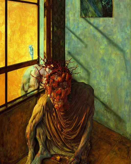 Prompt: oil painting of an old dead figure watching the sun fall from window in a living room in an old apartment, Wayne Barlowe digital art, Beksinski impasto painting, part by Egon Schiele, part by Peter Mohrbacher and Gerhard Richter. art by Francisco Goya and Takato Yamamoto,  Francis Bacon masterpiece