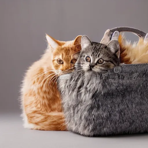 Image similar to lots of furry cats inside a big handbag, the handbag is over a wood table, stock photo, gray background, studio lighting, detailed photo, 4 k, 8 k