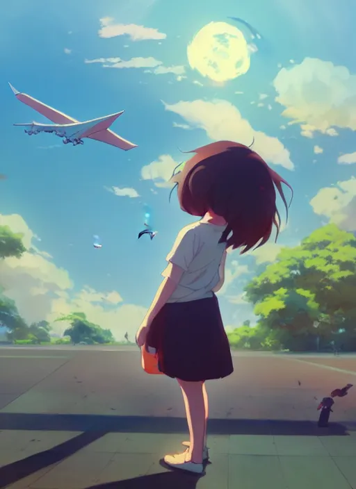 Prompt: girl stand on the playground, see a plane falling down towards the ground, view from below, illustration concept art anime key visual trending pixiv fanbox by wlop and greg rutkowski and makoto shinkai and studio ghibli