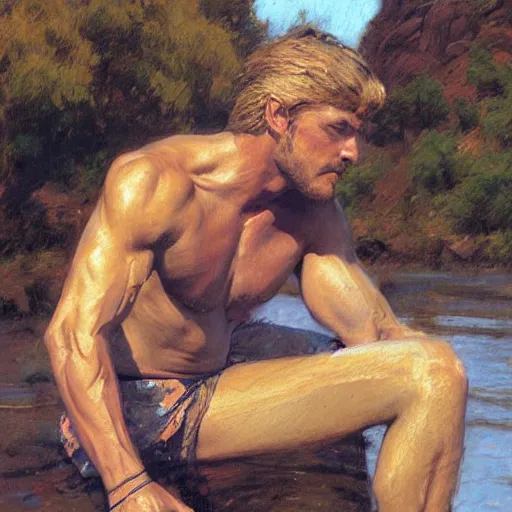 Image similar to man by the river, muscular, detailed face, correct face, painting by Gaston Bussiere, Craig Mullins