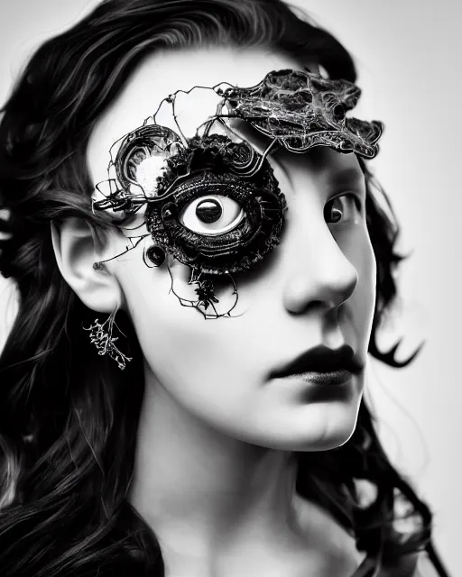 Image similar to black and white dreamy foggy poetic smoky profile face portrait, one silver steampunk realistic eye biomechanical beautiful angelic young female cyclope - cyborg - robot bust, body ribs meshes,, volumetric light, hibiscus flowers, by cecile beaton, rim light, big gothic fashion pearl embroidered collar, 8 k