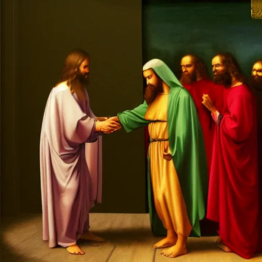 Image similar to jesus christ preaching to vladmir putin, photorealistic frame hanging on the wall, ultra-realistic in the colourful style of leonardo da vinci artstation hd oil painting and edward hooper, renaissance painting