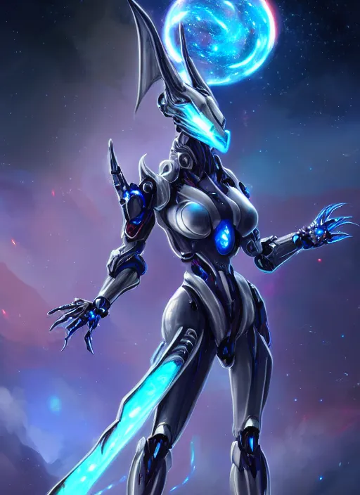 Image similar to cinematic goddess shot, cosmic sized perfectly proportioned stunning beautiful hot anthropomorphic robot mecha female dragon, nebula background, larger than galaxies, galaxy being held by sharp claws, sleek silver armor, epic proportions, epic size, epic scale, ultra detailed digital art, furry art, macro art, dragon art, giantess art, warframe fanart, furaffinity, deviantart