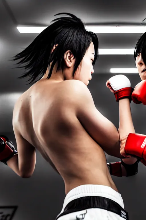 Image similar to two beautiful female fighters with short hair facing each other in the gym, dim lighting, gorgeous features, high definition, sharp focus, detailed anime art