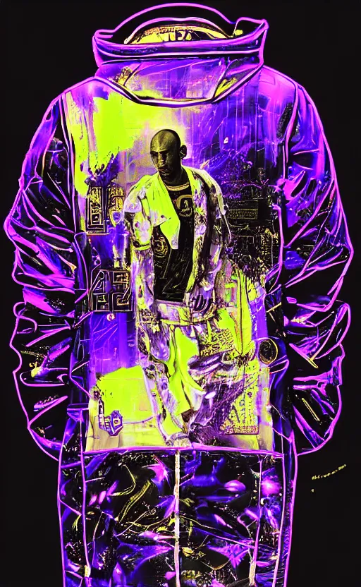 Prompt: detailed portrait Kobe Bryant Neon Operator, cyberpunk futuristic neon, reflective puffy coat, decorated with traditional Japanese ornaments by Ismail inceoglu dragan bibin hans thoma !dream detailed portrait Neon Operator Girl, cyberpunk futuristic neon, reflective puffy coat, decorated with traditional Japanese ornaments by Ismail inceoglu dragan bibin hans thoma greg rutkowski Alexandros Pyromallis Nekro Rene Maritte Illustrated, Perfect face, fine details, realistic shaded, fine-face, pretty face